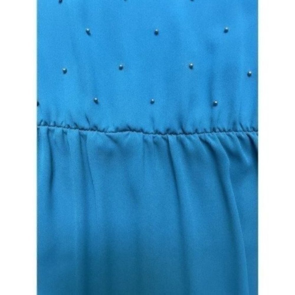 VTG 80s Balloon Long Sleeve Ruffle Midi Dress Blue Pearl Front Accent Women’s 10 - Picture 8 of 13